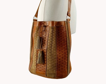 1980s Vintage Tan Leather Bucket Bag, Adjustable Shoulder Strap, Suede Tassels”