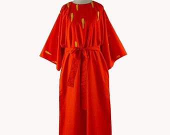 Vuokko 1970s Red & Yellow Midi Dress Size - Finnish Vintage - Size M