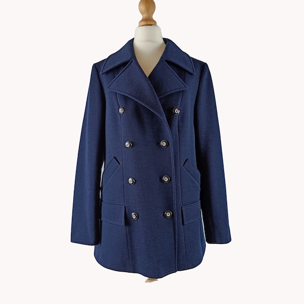 Finnish Vintage Golden Cat 1960s Navy Blue Pea Coat