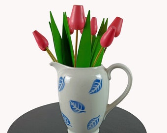 Finnish 1970s Johan Pink Wooden Tulips - Charming Set of 8 Flowers and Leaves