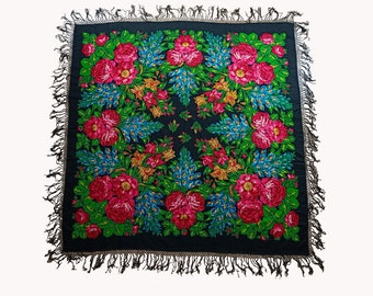 Vintage czarny kwiatowy szal Babushka z połowy stulecia