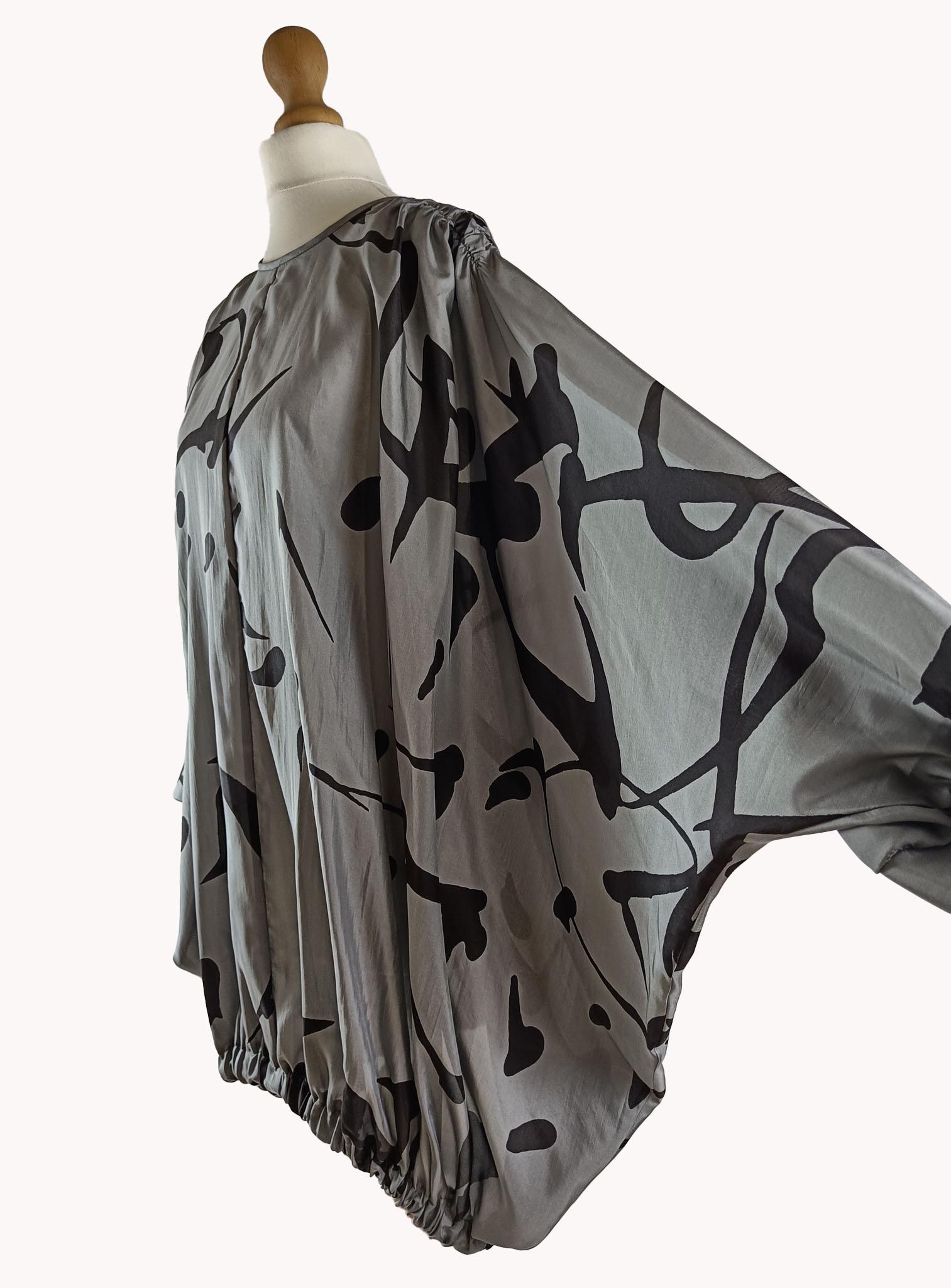 Vuokko 1980s Grey & Black Abstract Print Silk Tunic Size M/L