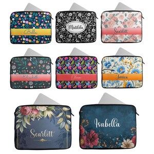 May include: Set of 10 laptop sleeves with floral designs and personalised names. The sleeves feature a variety of floral patterns in shades of pink, blue, green, and yellow. Each sleeve has a name printed on it, including Bella, Matilda, Scarlett, Elizabeth, Olivia, Jessica, Isabella.
