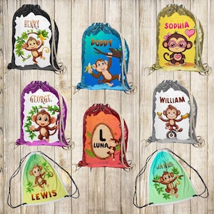 May include: Ten colourful drawstring bags with monkey designs and names such as Henry, Sophia, George, William, Luna, James, and Lewis. The bags are made of a sparkly material and have a drawstring closure.