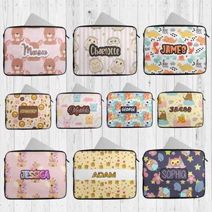 May include: A selection of personalised laptop sleeves with different designs. The sleeves display names such as Maisie, Charlotte, James, Edward, Matilda, George, Jacob, Jessica, Adam, and Sophia. Designs include animals, patterns, and text on various coloured backgrounds.
