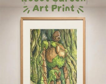 Stampa artistica a guazzo "Robot Garden": decorazione murale in stile anime giapponese.