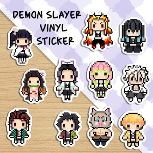 May include: A set of 10 Demon Slayer vinyl stickers featuring various characters from the anime series. The stickers are pixelated and feature characters like Tanjiro, Nezuko, Zenitsu, Inosuke, and more. The stickers are perfect for adding a touch of anime to laptops, water bottles, or other surfaces.