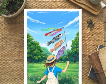 Koinobori Gouache Print: Japanese Summer Anime Art - Clo Louise Art