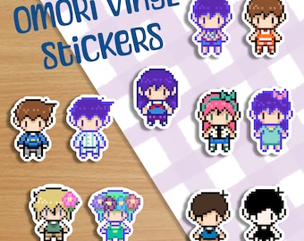 May include: A set of 10 vinyl stickers featuring pixel art characters from the video game "OMORI". The stickers are printed on white backgrounds and feature a variety of characters, including a girl with purple hair, a boy with blue hair, and a character with a flower crown.