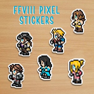 May include: A set of six pixel art stickers featuring characters from the Final Fantasy VIII video game. The stickers are printed on white paper and feature a variety of characters, including Squall Leonhart, Rinoa Heartilly, and Seifer Almasy.