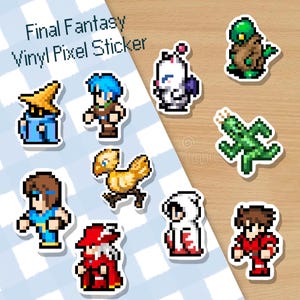 Könnte beinhalten: Ein Set mit zehn Final Fantasy Vinyl-Pixel-Aufklebern mit Charakteren und Kreaturen aus der beliebten Videospielserie. Die Aufkleber sind auf einem transparenten Vinylmaterial gedruckt und eignen sich perfekt, um Laptops, Wasserflaschen oder anderen Oberflächen einen Hauch von Nostalgie zu verleihen.