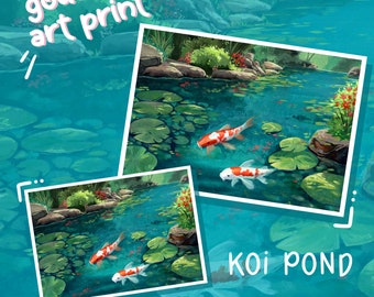 Koi Fish Pond Gouache Art Print - Japanese Fine Art