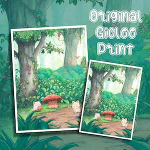 Mushroom Cat Forest Anime Gouache Print | Gouache painting | Bedroom decor | Fine Art Print | Wall Art | Japanese Art | Clo Louise Art