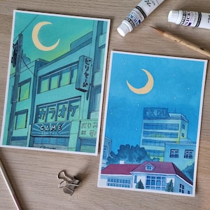 Anime Gouache Painting Art Print: Japanese Cityscape Wall Decor