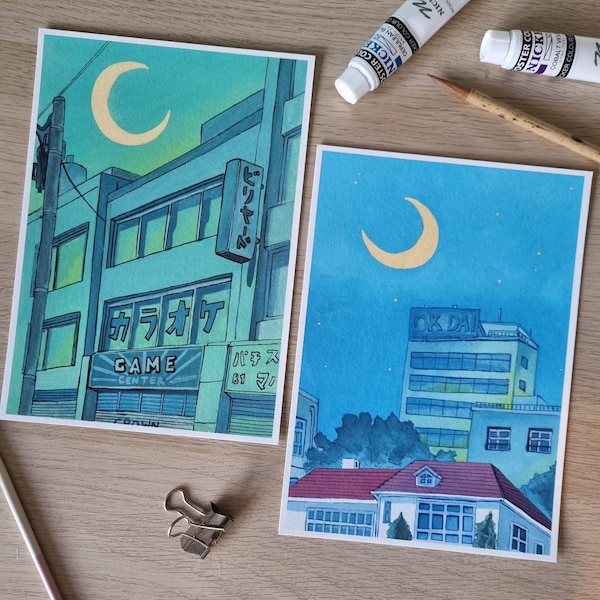 Anime Gouache Painting Art Print: Japanese Cityscape Wall Decor