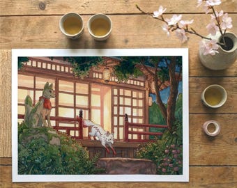 Hoshi the Fox Garden Temple Gouache Art Print: Japanese Anime Wall Decor