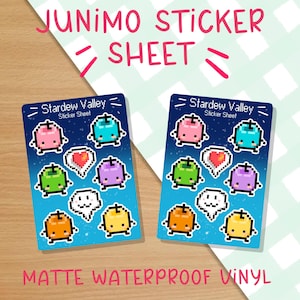 May include: A sticker sheet featuring eight pixelated Junimo characters from the video game Stardew Valley. The characters are in various colors, including pink, blue, green, purple, orange, and yellow. The sticker sheet is printed on matte waterproof vinyl.