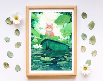 Verloren Kitten Lotusvijver | Gouache-schilderij | Slaapkamerinrichting | Fijne kunstafdruk | Kunst aan de muur | Kat schilderij | Japanse kunst | Clo Louise Art