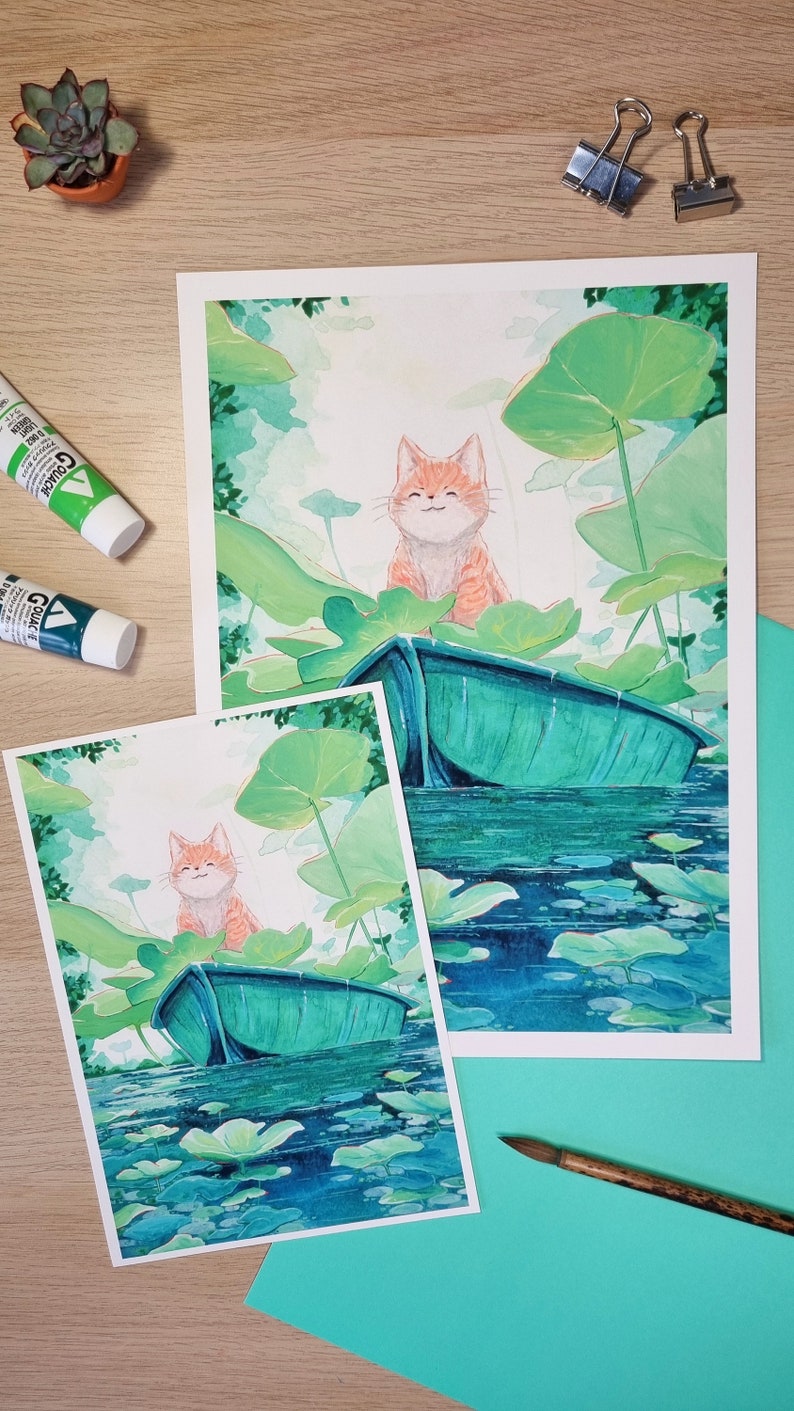 Lost Kitten Lotus Pond Gouache Painting Bedroom Decor - Etsy