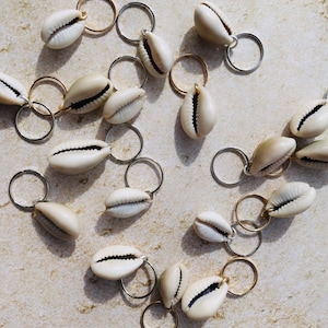May include: A collection of cowrie shells with gold and silver rings attached. The shells are a light beige color and are arranged in a random pattern on a light beige surface.