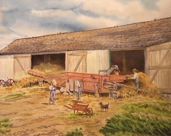 Watercolor Painting Art Print 10''x 16''  "The Threshers" Pa Dutch German Farm Equipment harvest
