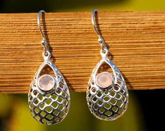 Rose Quartz Gemstone Earring, 925 Sterling Silver Earrings, Boho Pink Gemstone, Birthday Gift Earring, Dangle Earrings