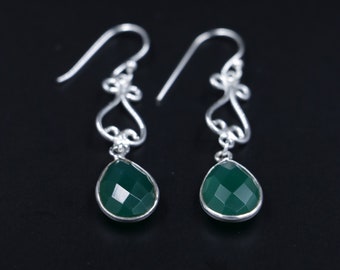 Solid 925 Sterling Silver Green Onyx Dangle Earrings For Women, Green Onyx Earring, Handmade Gemstone, 925 Silver Earring, Gift For Birthday