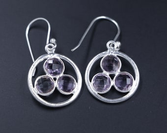 925 Sterling Silver Amethyst Dangle Earrings For Women, Purple Amethyst Earring, Round Handmade Gemstone, 925 Silver Earring, Gift For Her