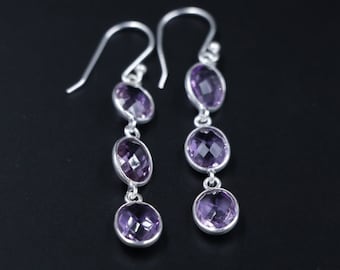 Genuine Fine Amethyst Dangle Earrings in 925 Sterling Silver,  Faceted Amethyst Round Birthstone Gem Jewelry Handmade Amethyst Earrings