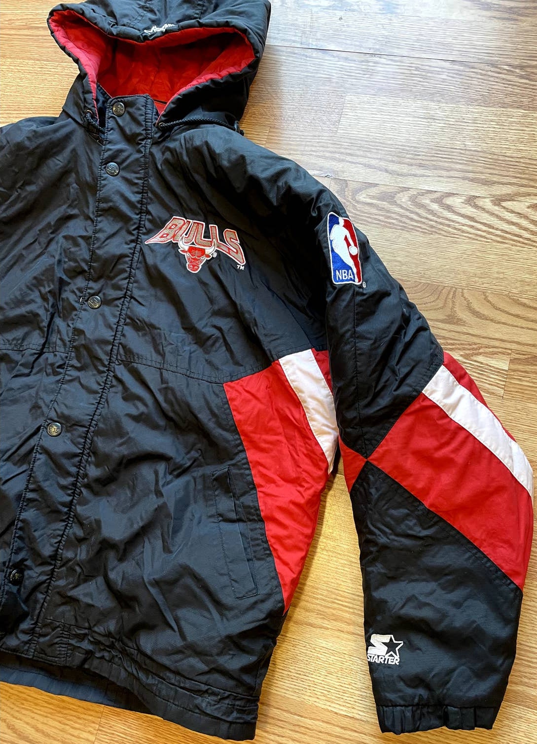 Chicago Bulls Starter Vtg 90s Puff Parka Jacket Puffer XL Hood NBA Black Red