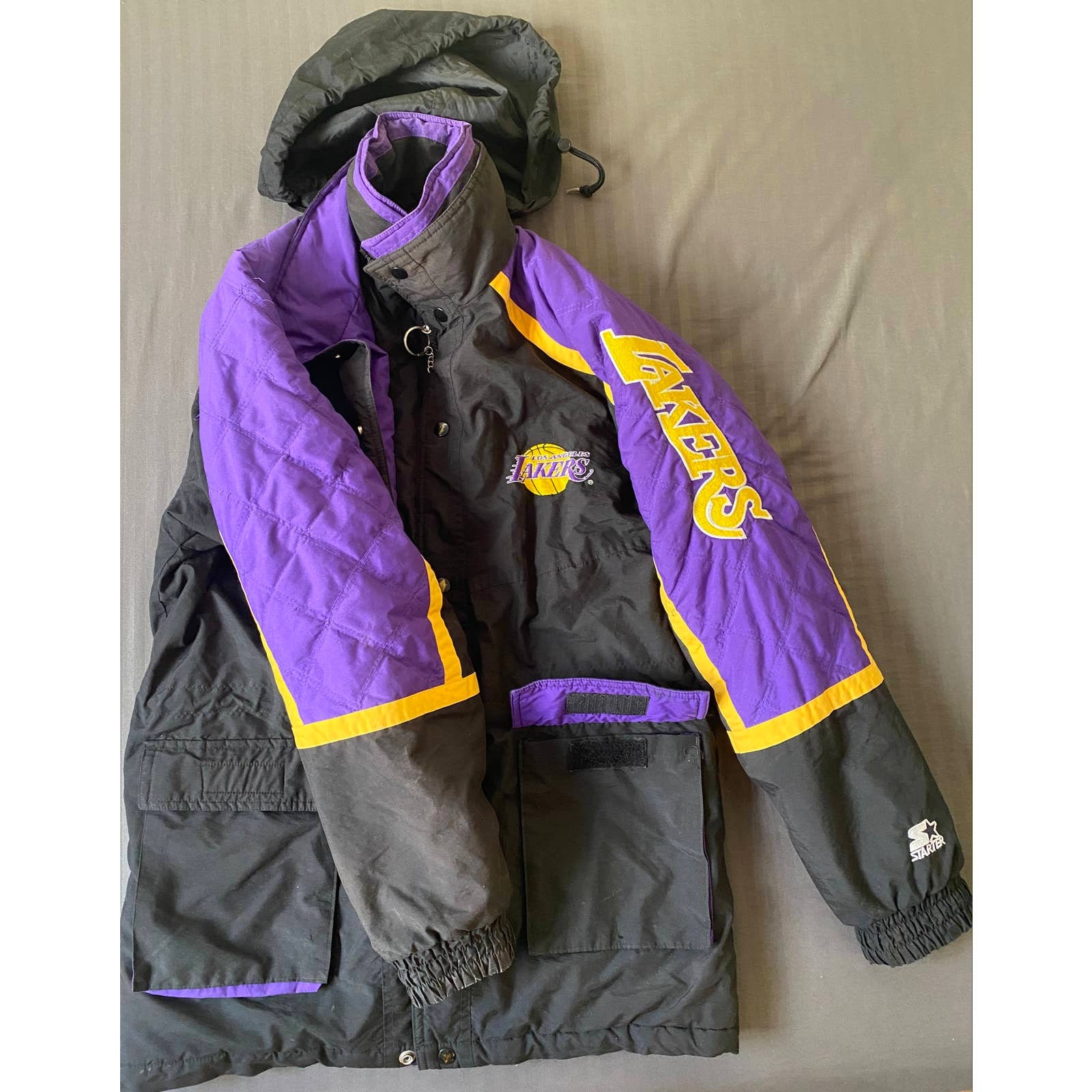 1990s Puffy Mineral Wash Lakers Starter Jacket Quilted Yellow