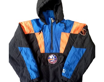 NY Islanders 90s Color Block STARTER puffer jacket 1/2 zip S yth M black orange NHL vintage