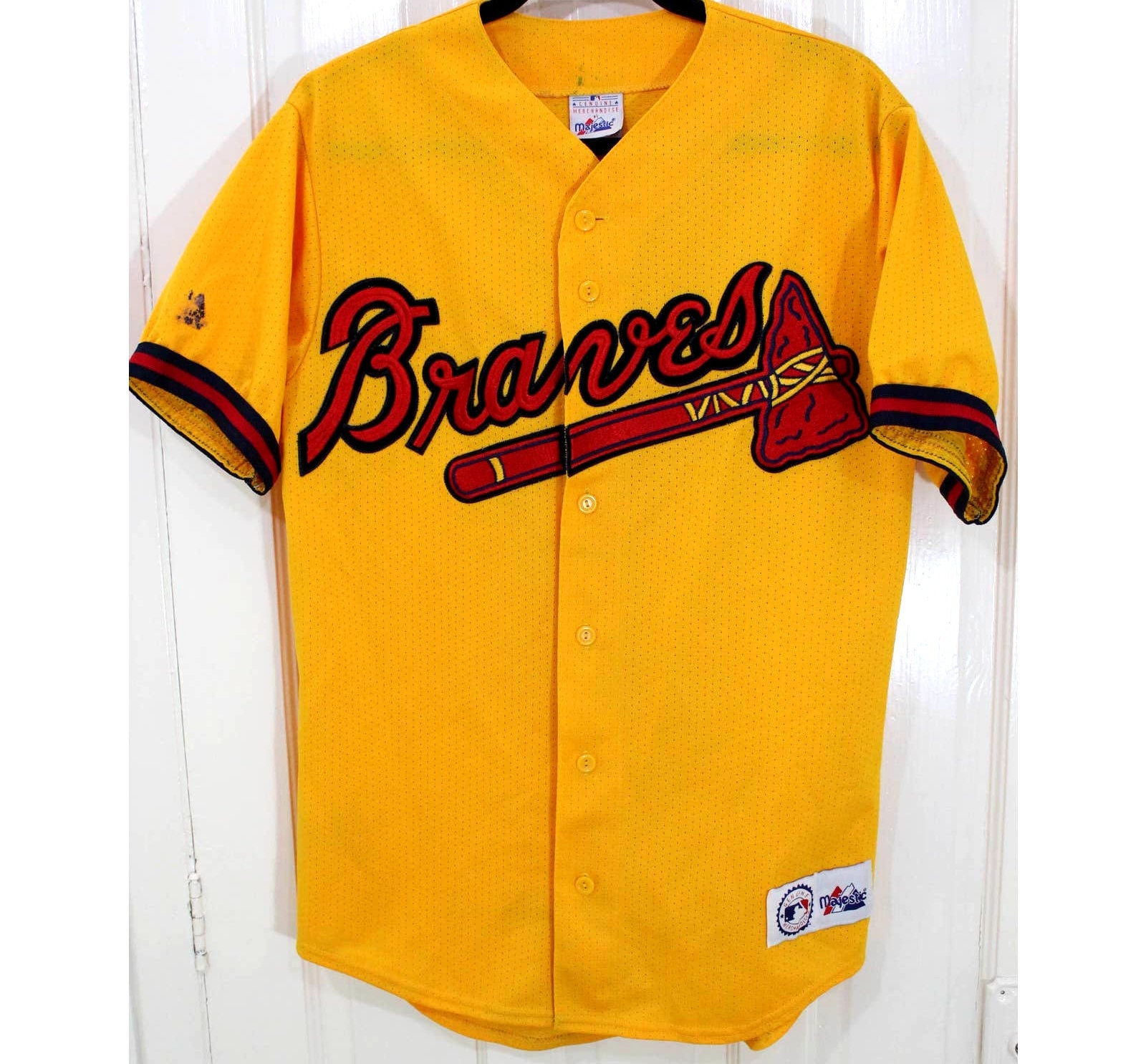 Vintage Majestic Atlanta Braves MLB Baseball Jersey Yellow Striped USA Made  Sz L 