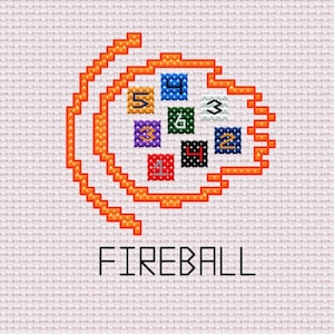 K&ouml;nnte beinhalten: Kreuzstich-Design mit einem stilisierten orangefarbenen Feuerball, mit einer zentralen Anordnung nummerierter Quadrate in verschiedenen Farben. Das Wort "FIREBALL" ist darunter in Schwarz gestickt.