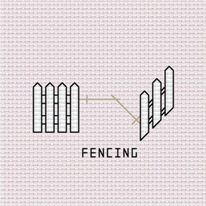 May include: A graphic illustration of a white picket fence with a section of fence angled away, connected by a line. The word "FENCING" is printed below the image in a sans-serif font.
