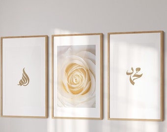 Allah Muhammad Rose Islamic Wall Art Calligraphy Poster, Wall Gallery Set, Modern Digital Arabic Print Art, Quran Verse, Islamic Eid Decor