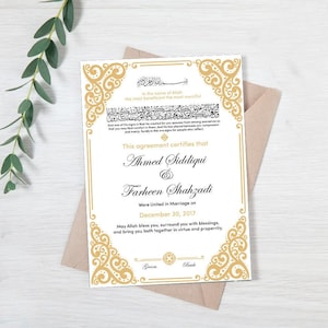 Personalisierte Nikkah Islamische Heiratsurkunde, muslimischer Hochzeitsvertrag, digitale Heiratsurkunde. Hochzeitssouvenir, Nikkah Nama Certi