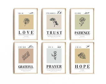 May include: Set of six minimalist prints with Arabic calligraphy and floral illustrations. Each print features a different word in Arabic, such as "Love", "Trust", "Patience", "Grateful", "Prayer", and "Hope". The prints are in a neutral color palette of beige, brown, and green.