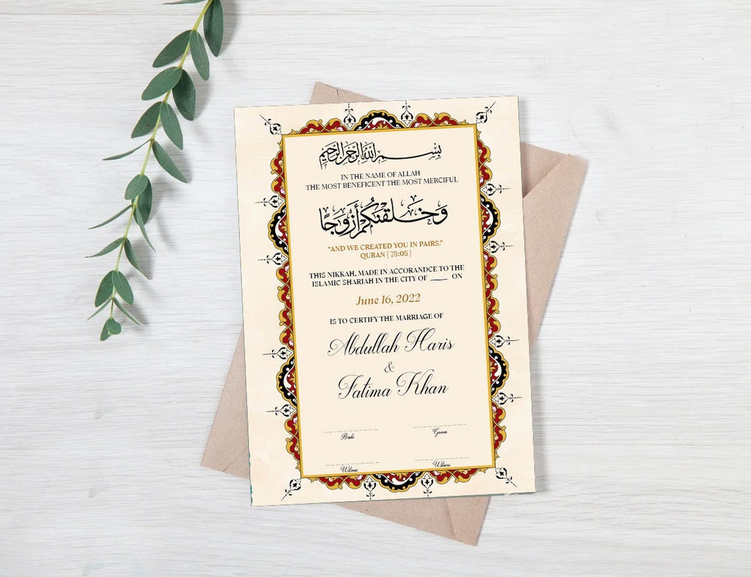 Nikkah Islamic Marriage Certificate, Muslim Wedding Contract, Digital