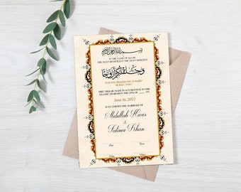 May include: A traditional Islamic wedding certificate with ornate gold and red borders. The text reads "In the name of Allah, the most beneficent, the most merciful." and "And we created you in pairs." The certificate is dated June 16, 2022 and is for the marriage of Abdullah Haris and Salima Khan.