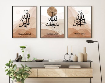 Subhanallah Alhamdulillah AllahuAkbar, islamisk väggkonsttryck, set med 3, arabisk kalligrafiposter, muslimska citat, modern inredning, eid-presenter