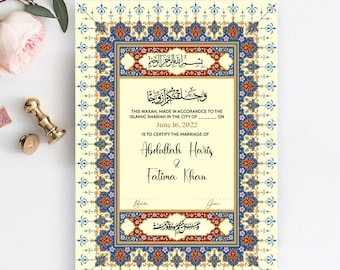 May include: A traditional Islamic wedding certificate with intricate blue and red floral patterns. The text reads "This Nikkah, made in accordance to the Islamic Shariah in the city of ______ on June 16, 2022 is to certify the marriage of Abdullah Haris & Fatima Khan."