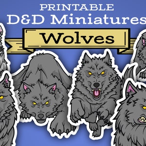 Pode incluir: Miniaturas D&D imprimíveis com várias ilustrações de lobos cinzentos com olhos amarelos e expressões zangadas. A palavra "Wolves" é exibida em uma faixa. O fundo é um gradiente de azul.