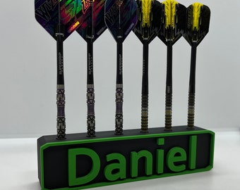 Dart wall mount can be personalized with your own name for steel and soft darts!