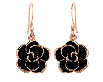 Rose Gold Plated Black Rose Flower Dangle Drop Earrings Fashion Jewelry for Womens