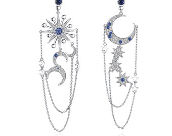 White Gold Plated Exaggerated Luxury Sun Moon Stars Long Chain Tassel Clear Blue Cubic Zirconia Dangle Drop Stud Earrings for Women