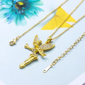 Disney Tinkerbell Necklace, Fairy Gold Necklace, Tinkerbell Gold Pendant, Cz Necklace, Woman Gift, Angel Necklace image 3