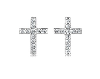 S925 Sterling Silver Dainty Simple Small Tiny Cross Stud Earrings with Pave Clear Cubic Zirconia Fashion Jewelry for Women
