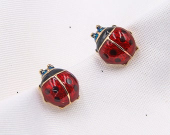 Rose Gold Plated Red Small Tiny Ladybug Black Spots Animal Stud Earrings Fashion Jewelry for Women & Girls