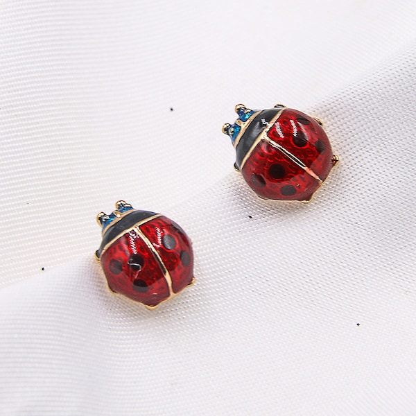 Rose Gold Plated Red Small Tiny Ladybug Black Spots Animal Stud Earrings Fashion Jewelry for Women & Girls